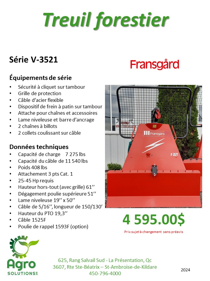 Treuil V-3004 de Fransgard pour tracteur John Deere, Kubota, Case, New Holland, Kioti